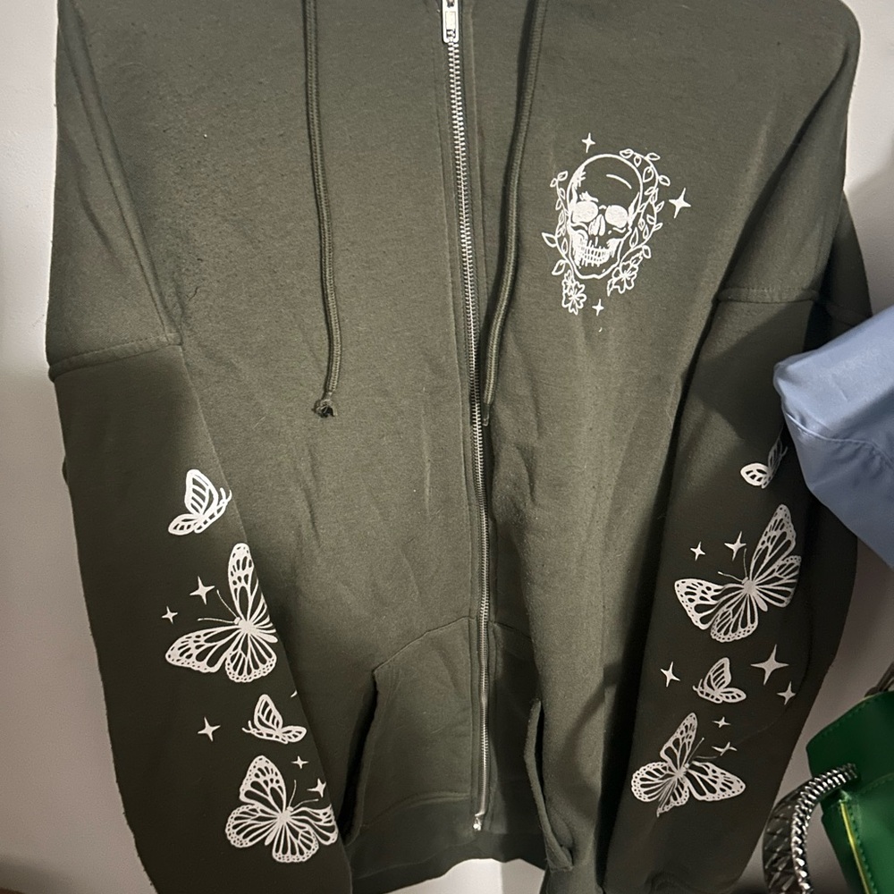 Green Hoodie with Skull and Butterfly Design